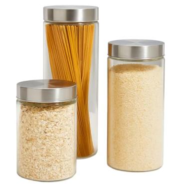 Imagem de Conjunto de 3 Potes de Vidro Herméticos com Tampa de Aço Inox Para Massas e Grãos