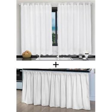 Imagem de Kit Cortina De Cozinha E Pia Balcão Tecido Liso Branco - Lm Detona
