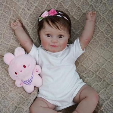 Imagem de Bebê Reborn Boneca Menina Realista Corpo de Silicone Olhos Castanhos 48cm Pode Dar Banho