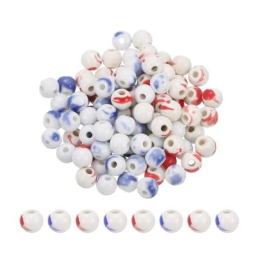 Imagem de PATIKIL 100 contas de porcelana, contas soltas redondas de cerâmica de 8 mm, espaçador feito à mão, para pulseira, colar, brinco, joias, artesanato, branco, azul/branco e vermelho