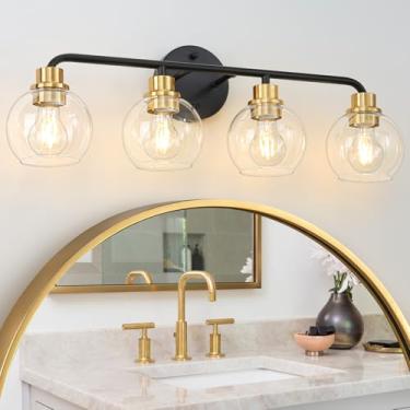 Imagem de Watyo Luminária De Banheiro Com 4 Luzes, Preta E Dourada, Cúpula Vidro Transparente, Arandelas Parede Modernas, Iluminação Para Banheiro, Espelho, Cozinha, Sala Estar, Quarto, Corredor, Armário