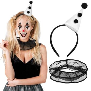 Imagem de XunYee 2 peças de chapéu de bobo da corte de bobo da corte fantasia de palhaço para Halloween, faixa de cabeça de palhaço, gola de malha com babados e gola para cosplay de Halloween, Preto, branco