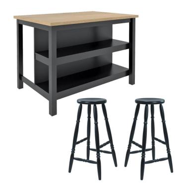 Imagem de Ilha Cozinha + 2 Banquetas Ditália 2 Prateleiras Preto Cd-1019