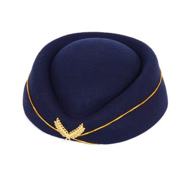 Imagem de TINAYAUE Chapéus de comissária de bordo, chapéu de feltro de aeromoça, chapéu de caixa de comprimidos para cosplay, acessório de cabeça para fantasia de Halloween, festa de aniversário (azul marinho)