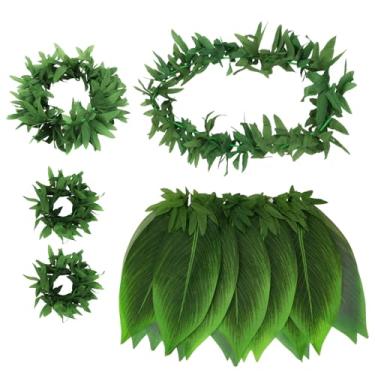 Imagem de Semato Conjunto de 5 peças de saia de folha havaiana para luau festa guirlanda faixa de cabeça pulseiras fantasia de Halloween suprimentos de festa havaiana
