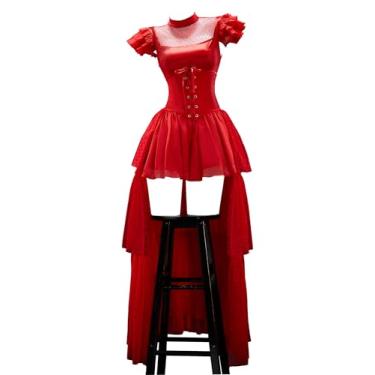 Imagem de MEOWCOS Gothic Dress Halloween Punk Dress Polka Dot Mesh Patchwork Dress with Corseted Trailing Tail Veil