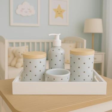 Imagem de Kit Higiene poá Bebê em Porcelana, Bandeja Branca, 4 Peças, Potes com Tampa de Madeira, Dispenser, Porta Algodão, Decorativo para Quarto Infantil (Poá Marrom)