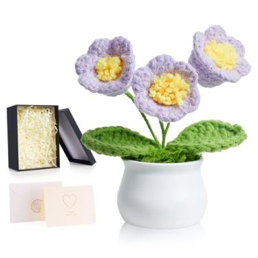 Imagem de ZHIYUXI Lírio roxo claro do vale flor de crochê artificial orquídea decoração de mesa presentes para mulheres, flores eternas feitas à mão, flor de malha para painel de carro, decoração de escritório