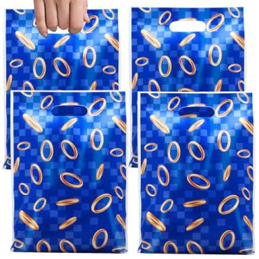 Imagem de agranjeuc 50 peças de anéis azuis e dourados para lembrancinhas de festa de videogame, sacola de plástico azul ouriço para guloseimas para decoração de festa de jogadores, presentes de aniversário