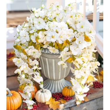 Imagem de HyeFlora Flores de hibisco, flores artificiais, penduradas, plantas para decoração de outono ao ar livre, 4 peças, videiras de hibisco de seda branca, flores falsas realistas, resistentes a UV para