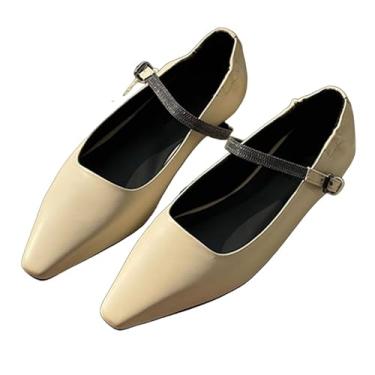 Imagem de Sapatos rasos retrô franceses feitos à mão com contas moda escritório senhoras mocassins de couro genuíno feminino Mary Jane sapatos femininos, Bege, 34