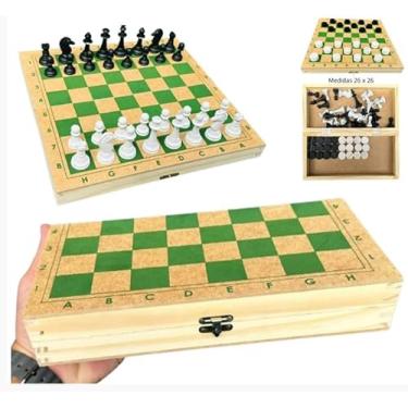 Imagem de Jogo Xadrez E Damas Em Madeira Vira Estojo Padrão Escolar 2 em 1 (32 peças de xadrez + 24 peças de dama)