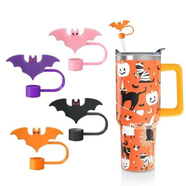 Imagem de Capa Stanley de morcego de Halloween para copo Stanley, 4 peças de topos de palha para morcegos fofos, rosa, preto, roxo, laranja, canudos, tampas de 10 mm/0,4 polegadas de silicone para decoração de