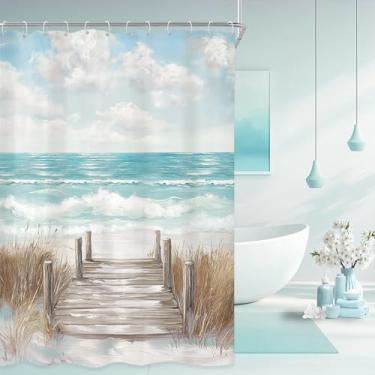 Imagem de Riyidecor Cortina de chuveiro de praia pequena 137x198 cm RV estreita extralonga azul-petróleo oceano pintura a óleo céu verão litoral praia havaiana moderna decoração de banheiro tecido poliéster