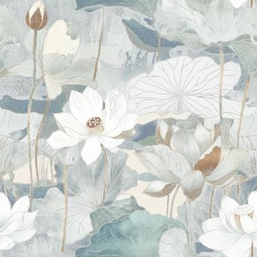 Imagem de Safiyya Descole e cole papel de parede verde claro floral lótus papel de contato descasque e cole 43,9 cm x 500,4 cm papel de parede autoadesivo removível para quarto, banheiro, rolo de vinil