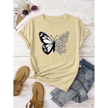 Imagem de Camiseta Feminina T-shirt Floral Borboleta Margarida 100% Algodão Prem
