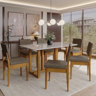 Imagem de Conjunto Sala de Jantar 6 Lugares Retangular com Tampo de Vidro Mesa Filadélfia Cadeiras Miami Cerejeira/Grafite/Off White