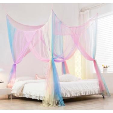 Imagem de Mengersi Cortina de Cama com Dossel Arco-Íris, Mosquiteiro para Cama com Dossel, Cortinas de Quatro Postes de Canto, Rede de Cama Elegante, Cortinas de Dossel de Tela para Cama de Casal A King Size