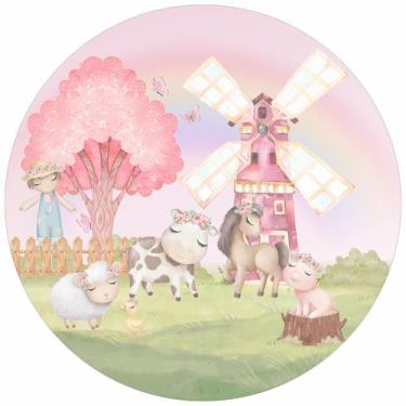 Imagem de Painel em Lona Redondo Fazendinha Rosa Moinho de Vento e Animais Cute 