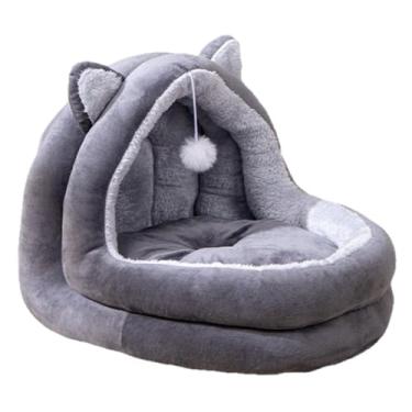 Imagem de IEUDNS Cama para gatos, casinha para animais de estimação, semi-fechada, aconchegante, com bola de brincar, prática, caverna quente, cama para animais
