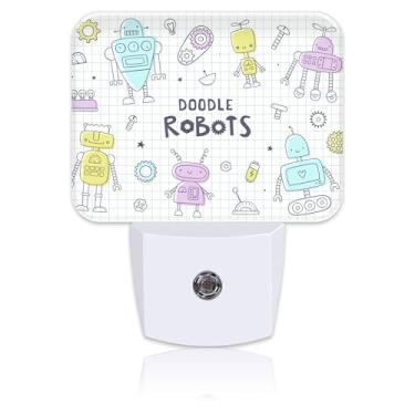 Imagem de Uiaoiais Doodle luz noturna de robôs fofos para crianças, meninas, meninos, robôs engraçados, luz noturna de LED, plugue na parede com sensor do crepúsculo ao amanhecer para quarto, corredor, cozinha