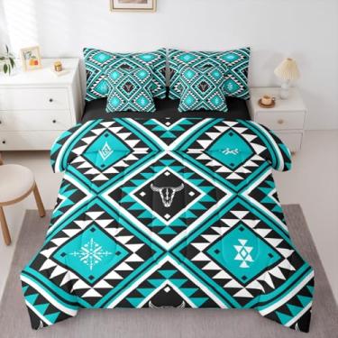 Imagem de Erosebridal Conjunto de edredom rústico ocidental de 7 peças, solteiro, azul-petróleo e preto do sudoeste, boêmio, caveira de touro, asteca, étnico, boêmio, decoração de quarto de fazenda, geométrico