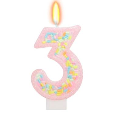 Imagem de ElekFX Vela de aniversário número 3 com granulados, topo de bolo arco-íris unicórnio rosa pastel, decorações de festa Sweet Candyland para meninas e meninos 3º aniversário