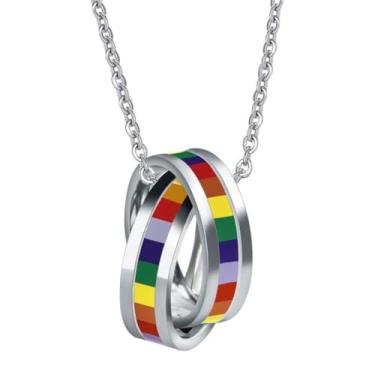 Imagem de DIAMANTIO Colar de anel duplo de aço inoxidável banhado a ouro 18 K – Corrente com pingente de esmalte arco-íris entrelaçado para mulheres e homens