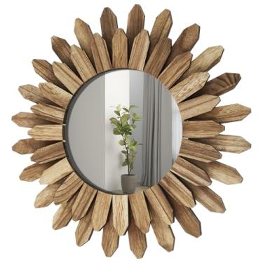 Imagem de Espelho de parede decorativo, decoração de parede com espelho de 30 cm, ornamento de espelho redondo para pendurar, espelho boho sunburst, decoração de parede de espelho de madeira moderna, espelho