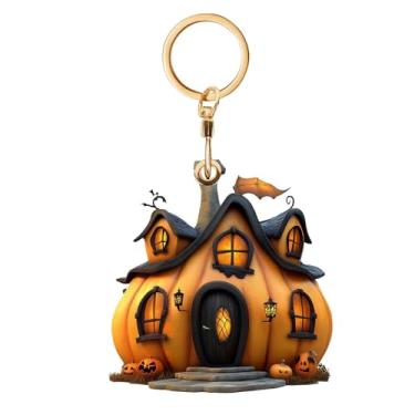 Imagem de Lindo porta-chaveiro de couro compatível com cartões de acesso a AirTags, capa protetora de Halloween Pumpkin House, rastreador, porta-chaves de metal GPS e localizadores de etiquetas