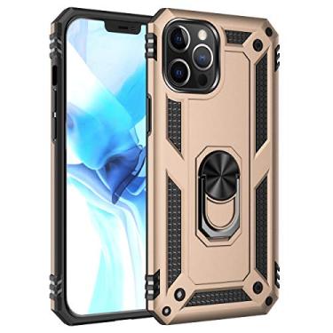 Imagem de SORAKA Capa para iPhone 12 Pro Max com suporte de anel capa armadura para iPhone 12 Pro Max capa traseira de policarbonato rígido com placa de metal para suporte magnético de telefone carro dourado