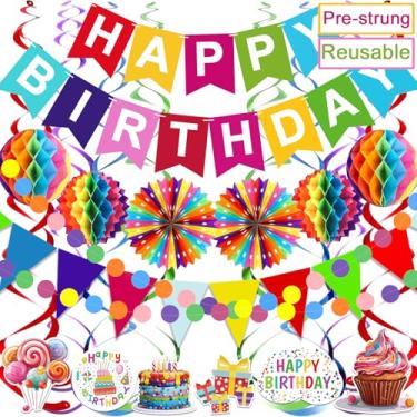 Imagem de 【Pré-amarrado】Banner de feliz aniversário com bandeira de papel colorido para estampar de papel circular, guirlanda de confetes, flâmulas de colmeia bola de favo de mel para festa de aniversário