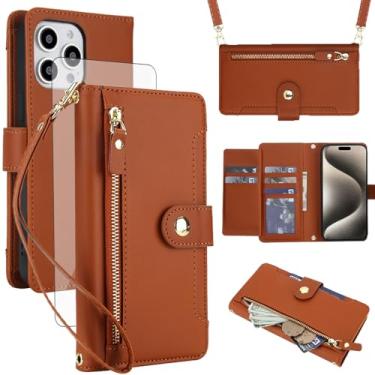 Imagem de Asuwish Capa de celular para iPhone 15 Pro Max 6,7 polegadas com zíper carteira, com protetor de tela de vidro temperado e alça transversal, porta-cartão i Phone15 15Pro i15 ProMax 15ProMax mulheres