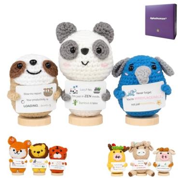 Imagem de 3-PCS | Gentle Giants Crochet Set | Elephant Panda Sloth Positive Plush | Handmade Adorable Stuffed Animal Toys with Wooden Stand & Mindfulness Cards | Mini Office Desk Decor Gift for Teens Adults