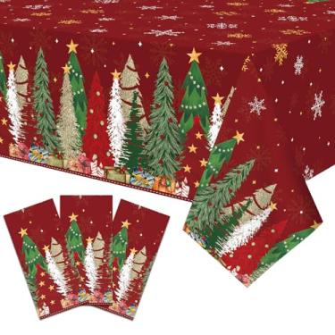 Imagem de Toalha de mesa de plástico de árvore de Natal de 3 peças de 137 x 272 cm – Capa de mesa vermelha e verde descartável para jantares de Natal, festas de inverno e decorações internas e externas