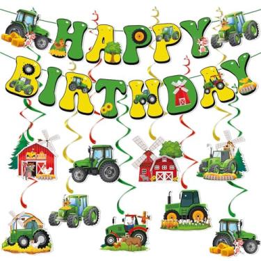 Imagem de Zwiebeco Trator verde amarelo faixa feliz aniversário estamparia papel pendurado redemoinhos guirlanda decorações de festa para chá de bebê tema fazenda crianças aniversário decoração acessórios