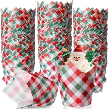 Imagem de Maxdot 200 peças de forros de cupcake de tulipa xadrez de Natal para assar muffin de papel guingão vermelho e verde, forros de muffin de tulipa xadrez, envoltórios para Natal, festa de inverno