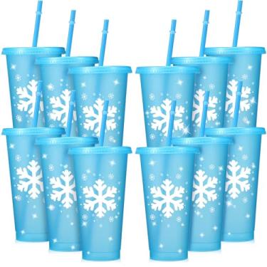 Imagem de Qinyoung Pacote com 12 copos reutilizáveis de Natal com tampas e canudos 680 g Copos de plástico de floco de neve de inverno garrafas de água a granel copos de plástico para café, bebidas, suco de