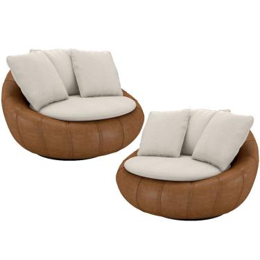 Imagem de Kit 02 Poltronas Giratórias Para Sala de Estar Kira M03 Couríssimo Whisky Linho Cru - Lyam Decor