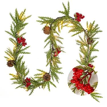 Imagem de RECUTMS Guirlanda de Natal de 2,5 m com luzes, guirlanda artificial de frutas vermelhas e pinhas de Natal, decoração de lareira iluminada de Natal para ambientes internos