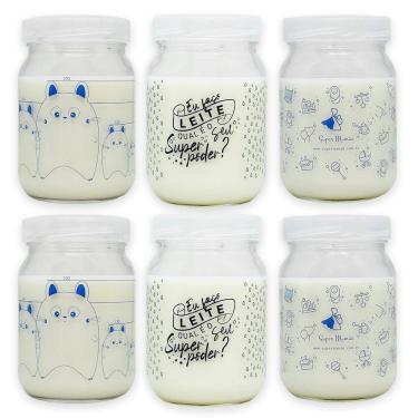 Imagem de Kit 6 Potes Vidro Armazenar Leite Materno Decorado 360 Graduação 200ml