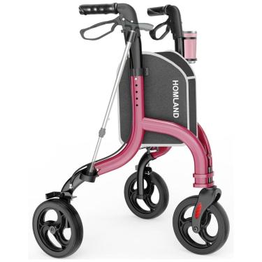 Imagem de Andador Dobrável para Idosos de 3 Rodas com Suporte para Bengala e Altura Ajustável, HOMLAND, Vermelho