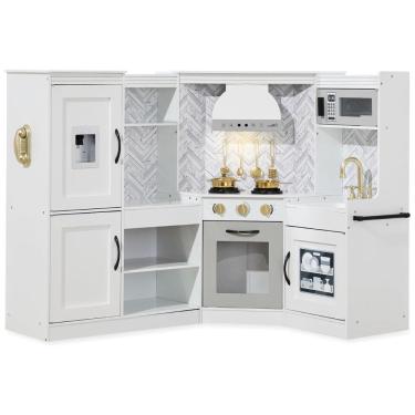 Imagem de Cozinha Infantil em Madeira interativa com Luzes, Sons, Máquina de Fazer Gelo, Exaustor, Forno e Micro-ondas, Best Choice Products, Branca