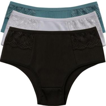 Imagem de Kit 3 Calcinha Feminina Canelada Com Renda Pala Dupla Lingerie Básica 