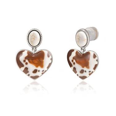 Imagem de Brincos femininos Wrangler com pingente de coração ocidental, ouro 14 quilates, turquesa, estampa de vaca cowgirl, joias modernas, Cobre, Turquesa