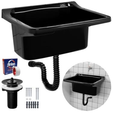 Imagem de Tanque de Plástico 22L Para Lavanderia Preto + Sifão Universal Sanfonado + Fita Veda Rosca