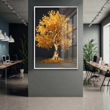 Imagem de Quadro Decorativo com Moldura e Acrilico Cristal Vidro Árvore Dourada Fundo Preto Sala Quarto Hall