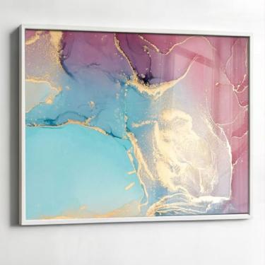 Imagem de Quadro com Moldura e Acrilico Cristal Vidro Sala Quarto Abstrato Azul e Rosa Mármore Decorativo Horizontal Grande Hall