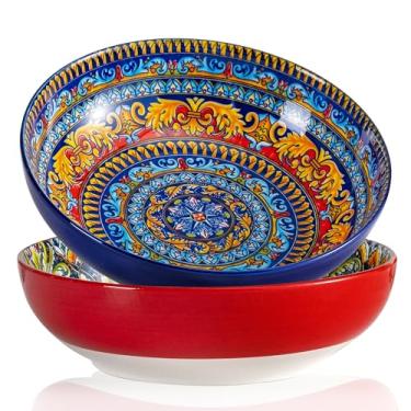 Imagem de Noevany Conjunto de 2 tigelas grandes vermelhas e azuis de cerâmica, estilo boêmio, 25,4 cm, para entretenimento e festa, tigelas para sopa, macarrão, cereal, ramen de frutas, podem ser lavadas no