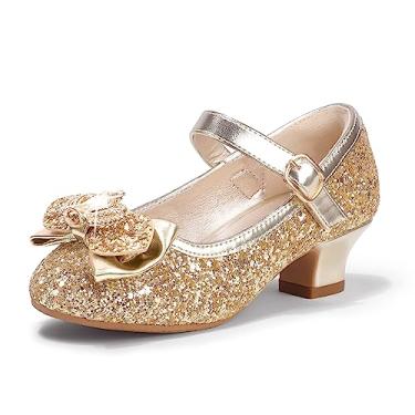 Imagem de PANDANINJIA Sadie sapato feminino salto social strass laço Mary Jane pump salto baixo princesa flor festa de casamento para crianças pequenas, Sadie Gold Sequin, 11 Little Kid
